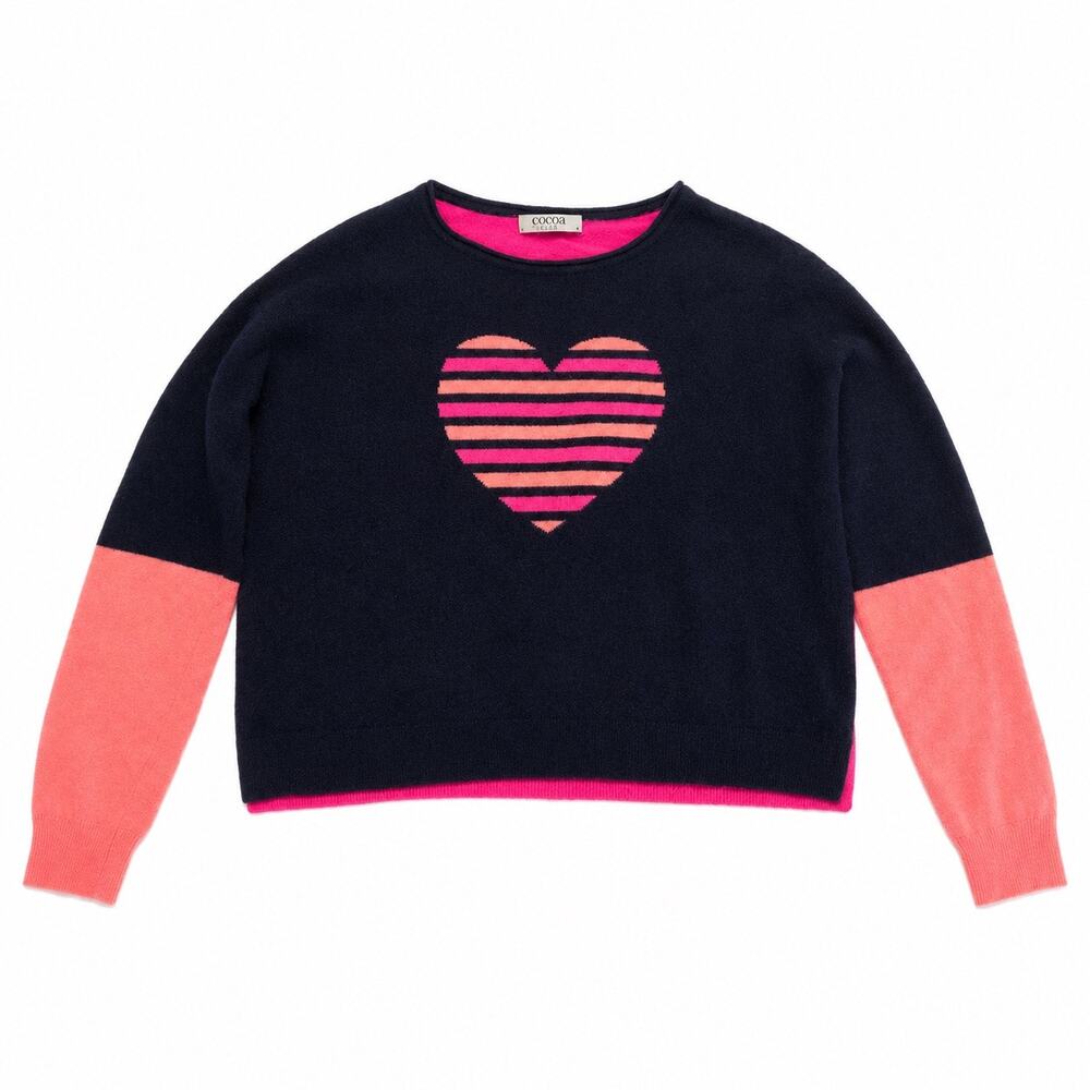 Cocoa Cashmere novelty sweater with heart pattern Navy pink and orange Women S